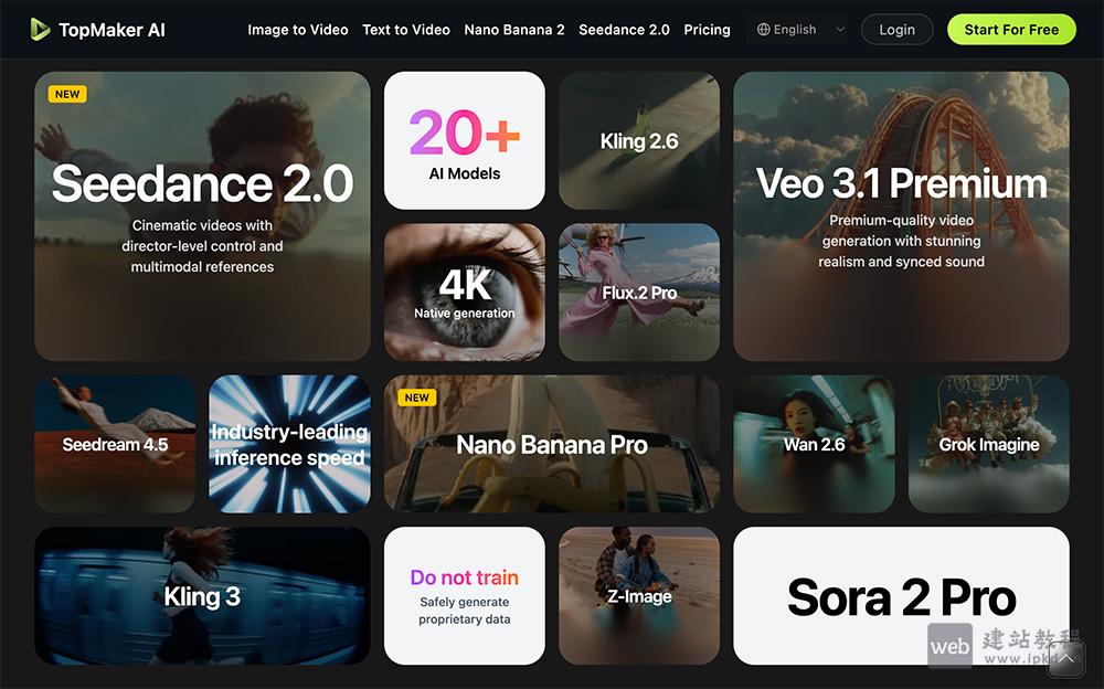 TopMaker AI官网使用入口,整合Seedance 2.0、Sora 2等20多种先进AI模型